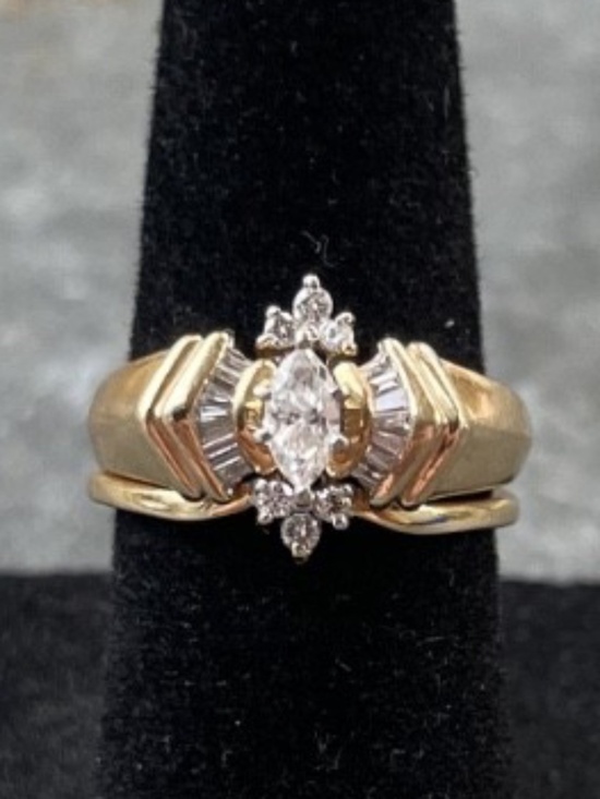 Jewelry - 14k Gold Marquise Baguette Bridal Set 1990s--size 3.5 Rare, Vintage Petite Fit